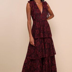 Molinetto Burgundy Lace Ruffled Tiered Sleeveless Maxi Dress